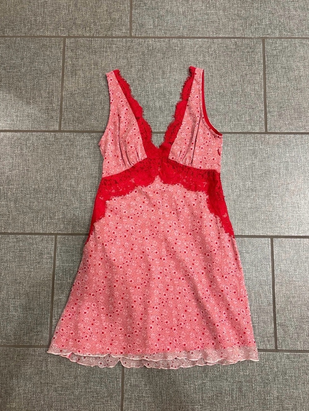 Topshop Pink Slip Dress with Red Lace Trim